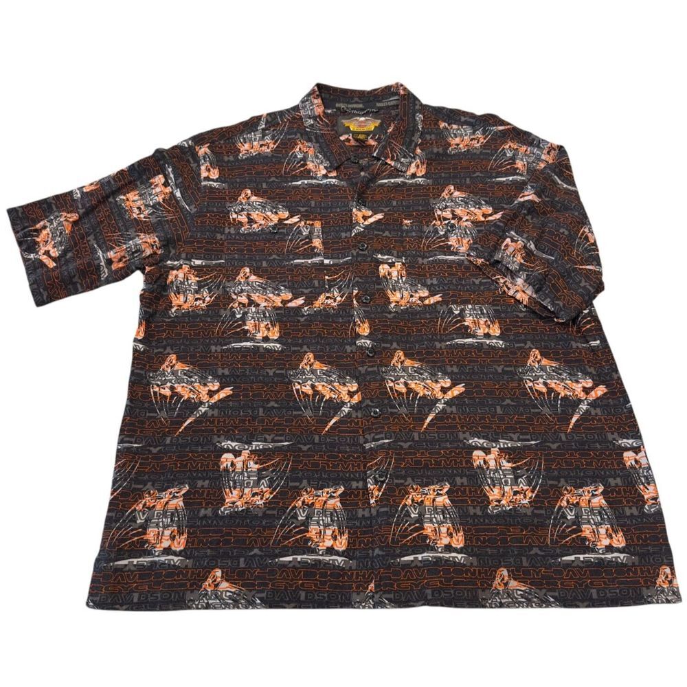 Harley Davidson Shirt Men 2XL Black Orange Button Down Short‎ Sleeve 100% Rayon